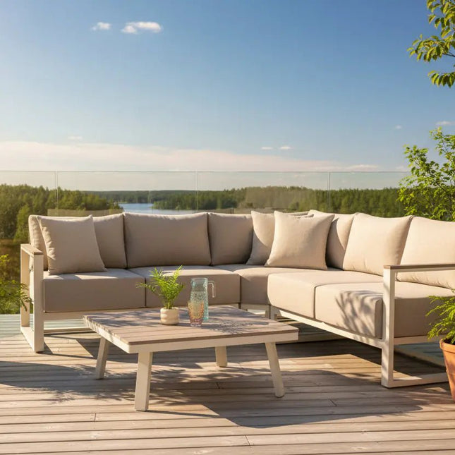 Breeze‑kulmasohva + pöytä - KalusteDuoHuonekaluliikesohvaryhmä ulkokäyttöön