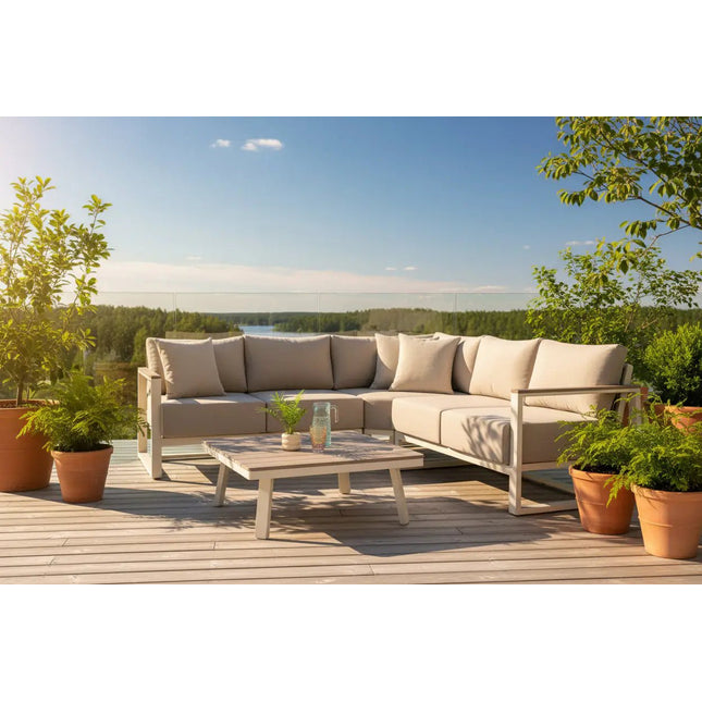 Breeze‑kulmasohva + pöytä - KalusteDuoHuonekaluliikesohvaryhmä ulkokäyttöön