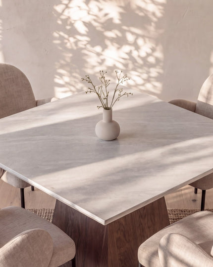 Cael ruokapöytä 120x120 mokka/kivenvärinen + Blom tuoli 4 kpl musta/beige - KalusteDuo_Huonekaluliike_Ruokailuryhmä