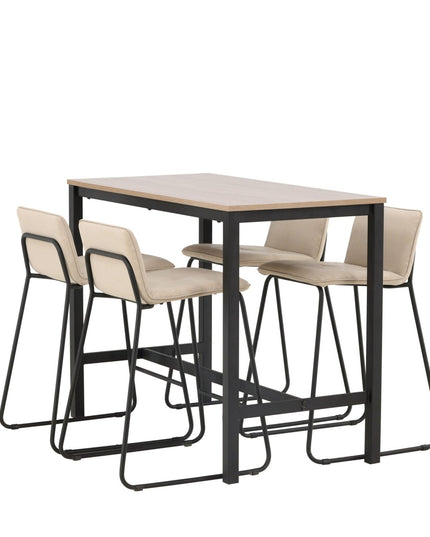 Camden baaripöytä - pähkinä / pähkinä MDF +Bisbee baarituoli - musta / beige mikrokuitu - KalusteDuo_Huonekaluliike_Ruokailuryhmä