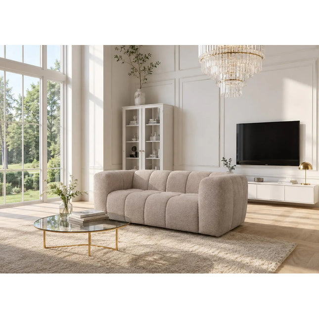 Duffy 2‑istuttava sohva - beige tai harmaa teddy kangas - KalusteDuo_Huonekaluliike_2-istuttava sohva