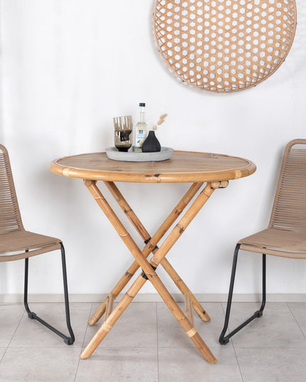 Cane pöytä ø80cm - bambu + 2kpl Lindos pinottava tuoli - musta alumiini / latte köysi