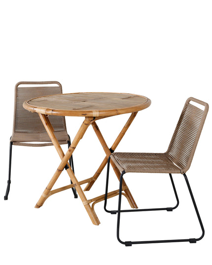 Cane pöytä ø80cm - bambu + 2kpl Lindos pinottava tuoli - musta alumiini / latte köysi