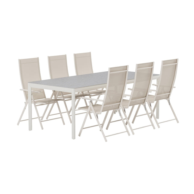 Lino pöytä - beige ja 6 Levanzo tuolia - beige - KalusteDuo_Huonekaluliike_Ruokailuryhmä ulkokäyttöön