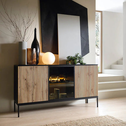 Mona senkki 154 cm - luonnonväri tammi/musta LED‑valaistuksella - KalusteDuo_Huonekaluliike_Senkki