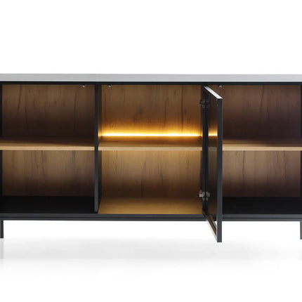 Mona senkki 154 cm - luonnonväri tammi/musta LED‑valaistuksella - KalusteDuo_Huonekaluliike_Senkki