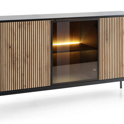 Mona senkki 154 cm - luonnonväri tammi/musta LED‑valaistuksella - KalusteDuo_Huonekaluliike_Senkki