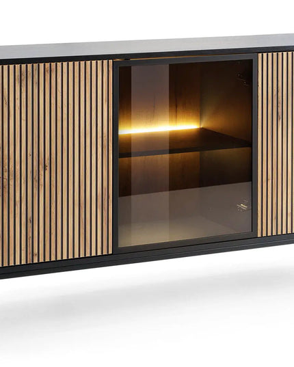 Mona senkki 154 cm - luonnonväri tammi/musta LED‑valaistuksella - KalusteDuo_Huonekaluliike_Senkki
