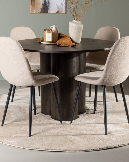 Olivia ruokapöytä 110 cm - mocca / mocca viilu + 4kpl Polar ruokatuoleja - musta / beige bouclé - KalusteDuo_Huonekaluliike_Ruokailuryhmä