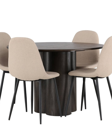 Olivia ruokapöytä 110 cm - mocca / mocca viilu + 4kpl Polar ruokatuoleja - musta / beige bouclé - KalusteDuo_Huonekaluliike_Ruokailuryhmä