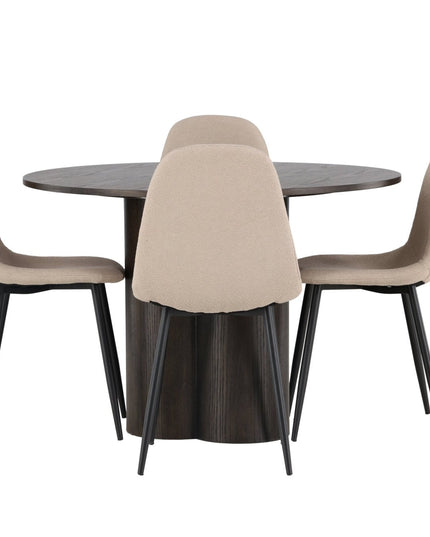 Olivia ruokapöytä 110 cm - mocca / mocca viilu + 4kpl Polar ruokatuoleja - musta / beige bouclé - KalusteDuo_Huonekaluliike_Ruokailuryhmä