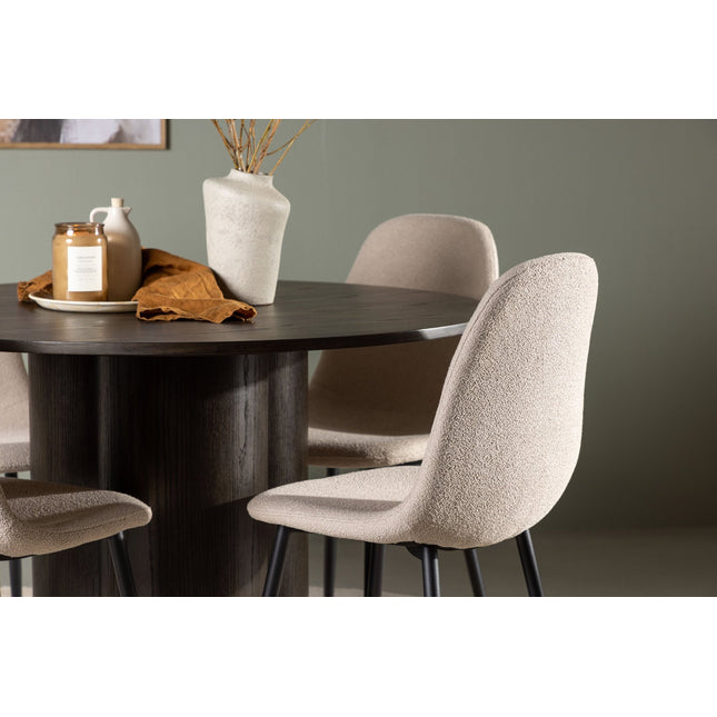 Olivia ruokapöytä 110 cm - mocca / mocca viilu + 4kpl Polar ruokatuoleja - musta / beige bouclé - KalusteDuo_Huonekaluliike_Ruokailuryhmä
