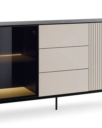 Orbit lipasto 157 cm – kashmir/musta, LED‑vitriini - KalusteDuo_Huonekaluliike_lipasto