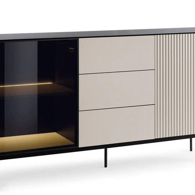 Orbit lipasto 157 cm – kashmir/musta, LED‑vitriini - KalusteDuo_Huonekaluliike_lipasto
