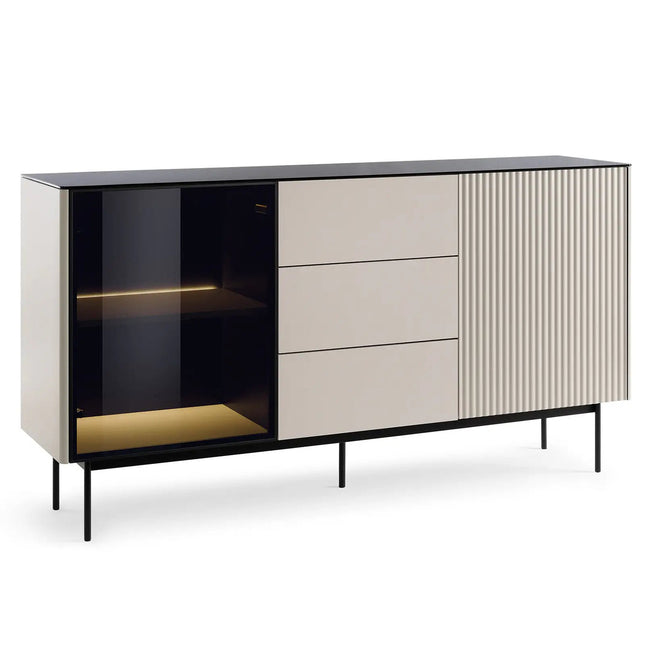Orbit lipasto 157 cm – kashmir/musta, LED‑vitriini - KalusteDuo_Huonekaluliike_lipasto