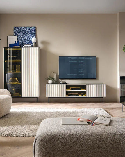 Orbit lipasto 157 cm – kashmir/musta, LED‑vitriini - KalusteDuo_Huonekaluliike_lipasto