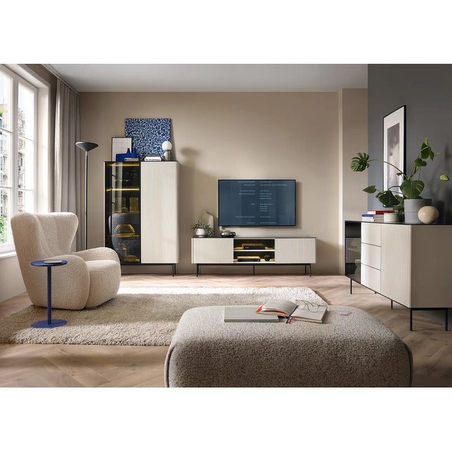 Orbit lipasto 157 cm – kashmir/musta, LED‑vitriini - KalusteDuo_Huonekaluliike_lipasto