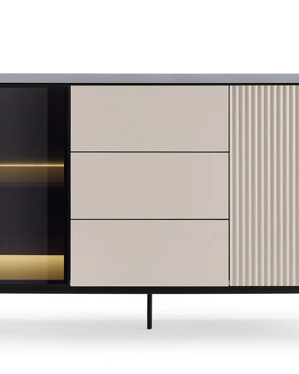 Orbit lipasto 157 cm – kashmir/musta, LED‑vitriini - KalusteDuo_Huonekaluliike_lipasto