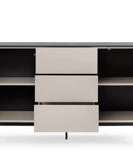 Orbit lipasto 157 cm – kashmir/musta, LED‑vitriini - KalusteDuo_Huonekaluliike_lipasto