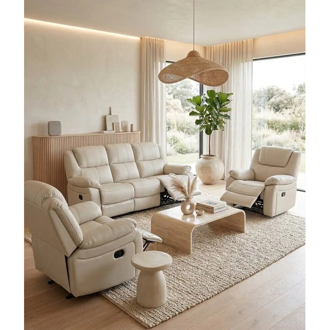 Relaxo – 3‑istuttava kermanvärinen recliner‑mekanismisohva nahalla - KalusteDuo_Huonekaluliike_recliner sohva
