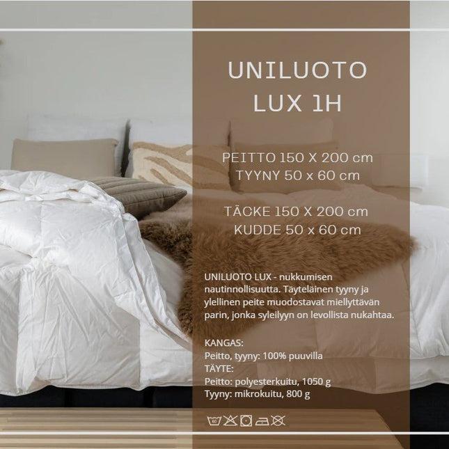 Uniluoto LUX 1h peite ja tyyny setti - hotellitason nukkumismukavuutta - KalusteDuo_Huonekaluliike_Peitto tyyny setti