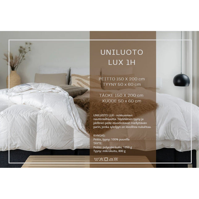 Uniluoto LUX 1h peite ja tyyny setti - hotellitason nukkumismukavuutta - KalusteDuo_Huonekaluliike_Peitto tyyny setti