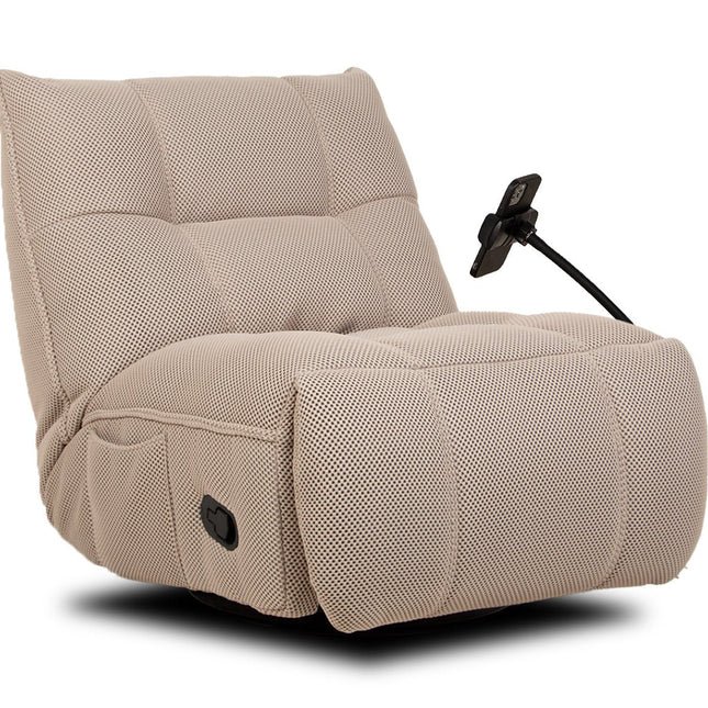 Vibe – beige recliner‑tuoli keinulla, 360° käännöllä ja puhelinpidikkeellä - #KalusteDuo_#Huonekaluliike_recliner tuoli