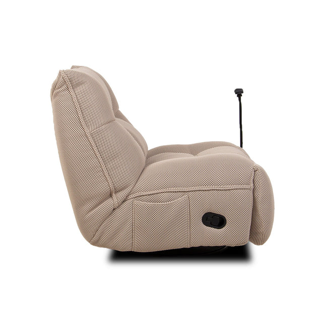 Vibe – beige recliner‑tuoli keinulla, 360° käännöllä ja puhelinpidikkeellä - #KalusteDuo_#Huonekaluliike_recliner tuoli
