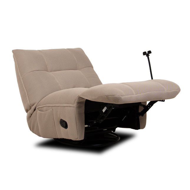 Vibe – beige recliner‑tuoli keinulla, 360° käännöllä ja puhelinpidikkeellä - #KalusteDuo_#Huonekaluliike_recliner tuoli