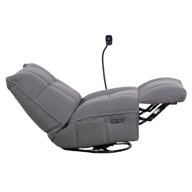 Vibe – harmaa recliner‑tuoli keinulla, 360° käännöllä ja puhelinpidikkeellä - #KalusteDuo_#Huonekaluliike_recliner tuoli