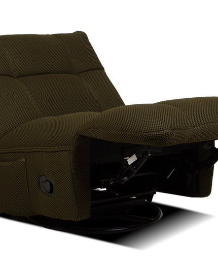 Vibe – vihreä recliner‑tuoli keinulla, 360° käännöllä ja puhelinpidikkeellä - #KalusteDuo_#Huonekaluliike_recliner tuoli