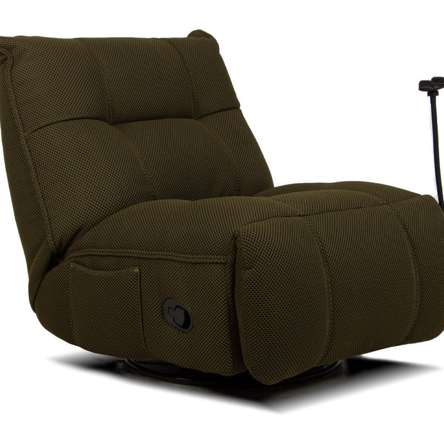 Vibe – vihreä recliner‑tuoli keinulla, 360° käännöllä ja puhelinpidikkeellä - #KalusteDuo_#Huonekaluliike_recliner tuoli